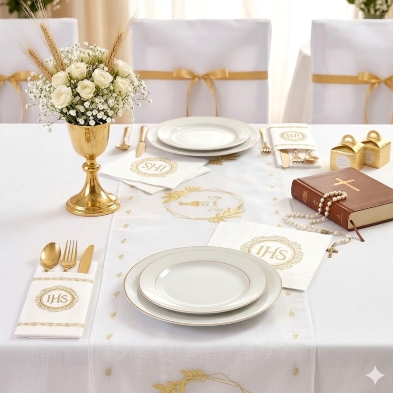 Zestaw komunijny dekoracja stołu IHS z bieżnikiem, serwetkami i kieszonkami