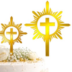 Topper na tort Komunia złoty krzyż 13 cm efekt lustra PCV