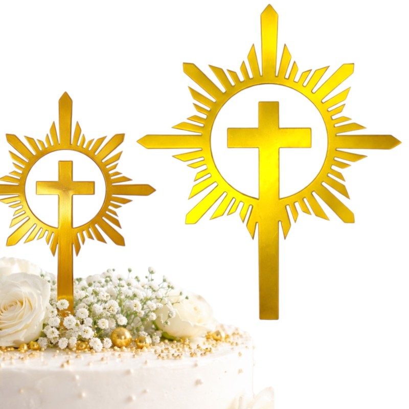 Topper na tort Komunia złoty krzyż 13 cm efekt lustra PCV