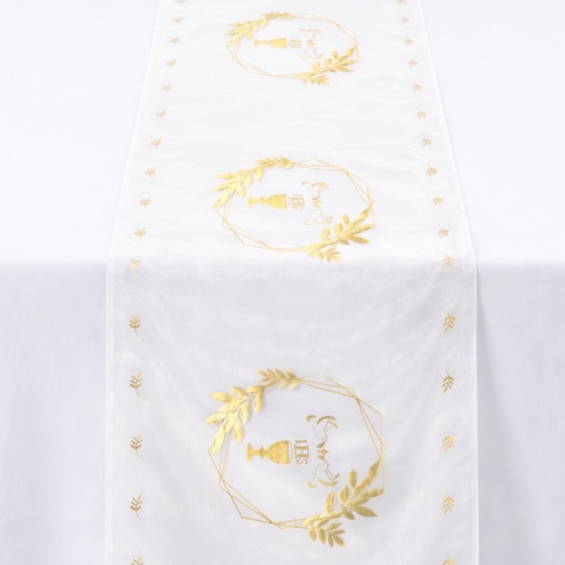 Zestaw dekoracji stołu na Komunię IHS biało złoty 1 komplet