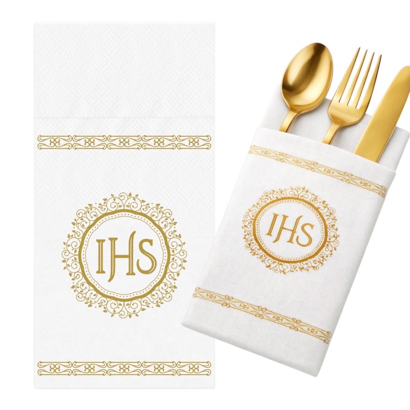 Zestaw dekoracji stołu na Komunię IHS biało złoty 1 komplet