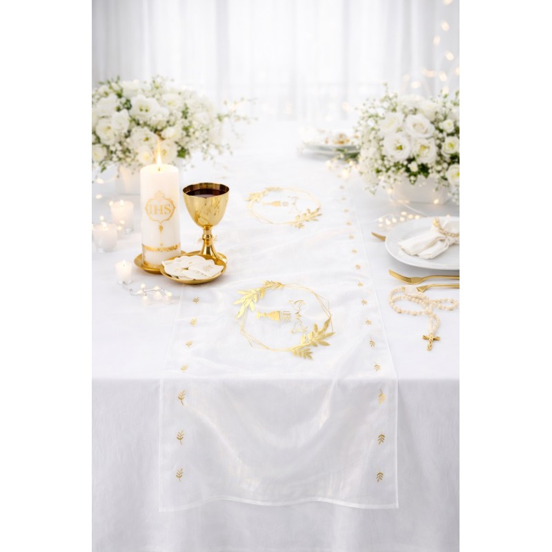Zestaw dekoracji stołu na Komunię IHS biało złoty 1 komplet