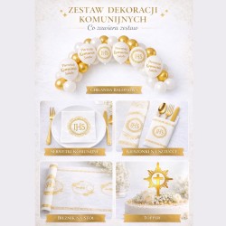 Zestaw dekoracji stołu na Komunię IHS biało złoty 1 komplet