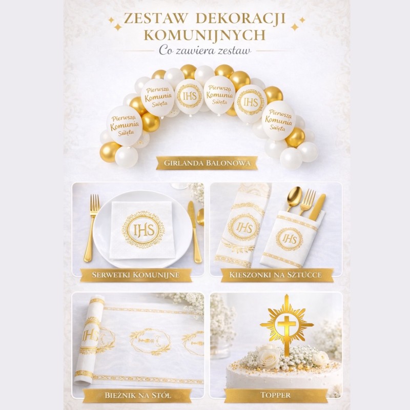 Zestaw dekoracji stołu na Komunię IHS biało złoty 1 komplet