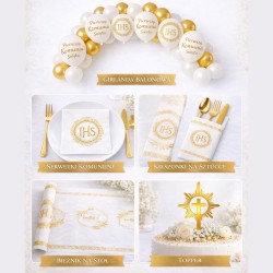 Zestaw dekoracji stołu na Komunię IHS biało złoty 1 komplet