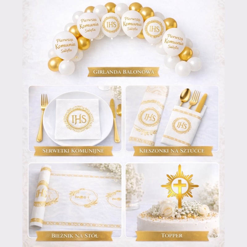 Zestaw dekoracji stołu na Komunię IHS biało złoty 1 komplet