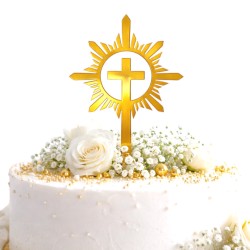 Topper na tort Komunia złoty krzyż 13 cm efekt lustra PCV