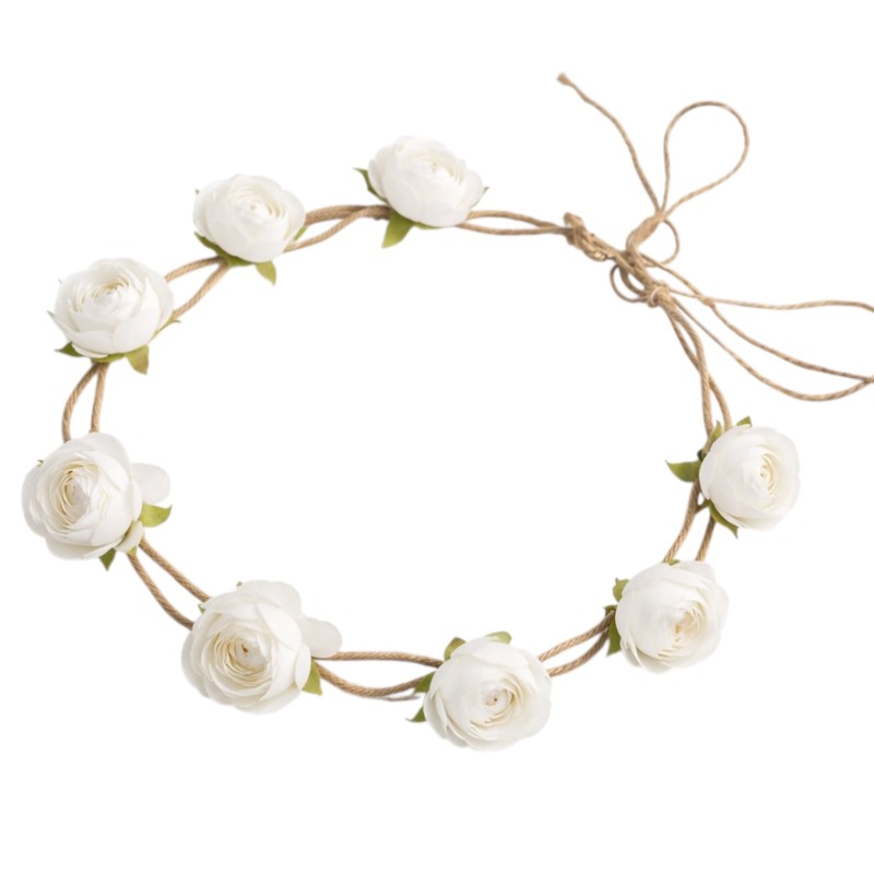 Wianek boho z piwonii na sznureczku z rafii biały regulowany