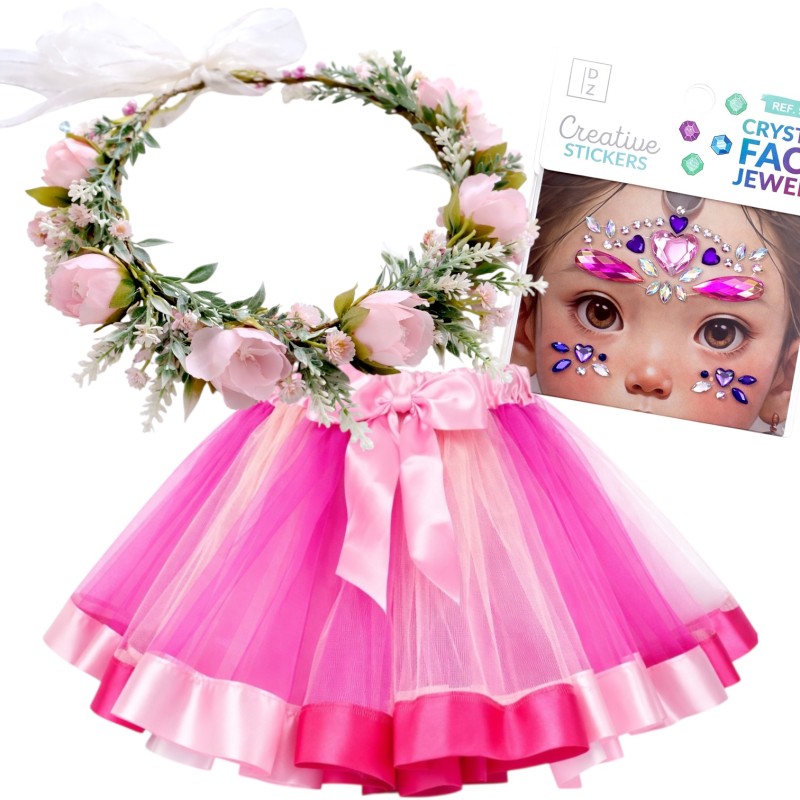 Różowy kwiecisty zestaw tutu z wiankiem i kryształkami Pani Wiosna 3 el.