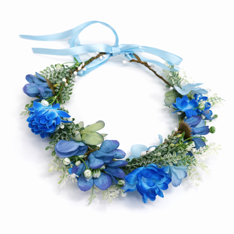Wianek kwiatowy boho ombre niebiesko fioletowy z wstążką