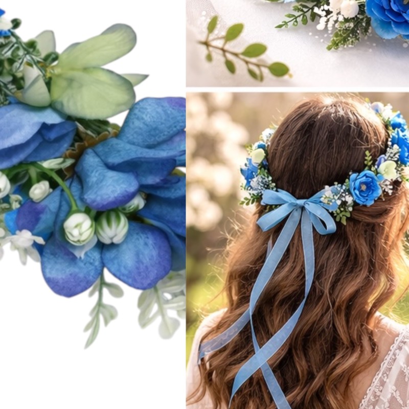 Wianek kwiatowy boho ombre niebiesko fioletowy z wstążką