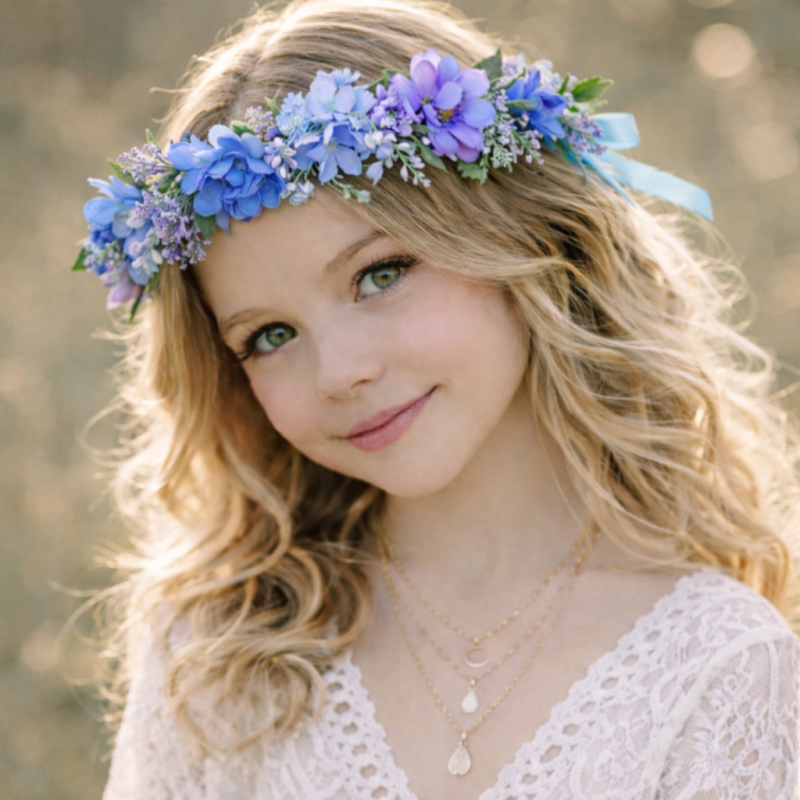 Wianek kwiatowy boho ombre niebiesko fioletowy z wstążką