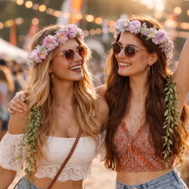 Wianek boho na głowę Kwiaty Polne z listkami 1 szt. ślub panieński