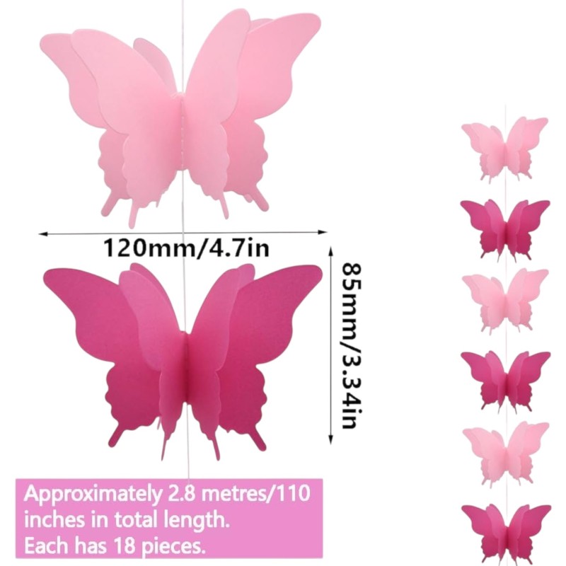 Girlanda dekoracyjna papierowe motyle różowe 3 m 18 szt.
