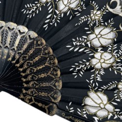 Wachlarz flamenco czarno biało złoty z kwiatami 1 szt.