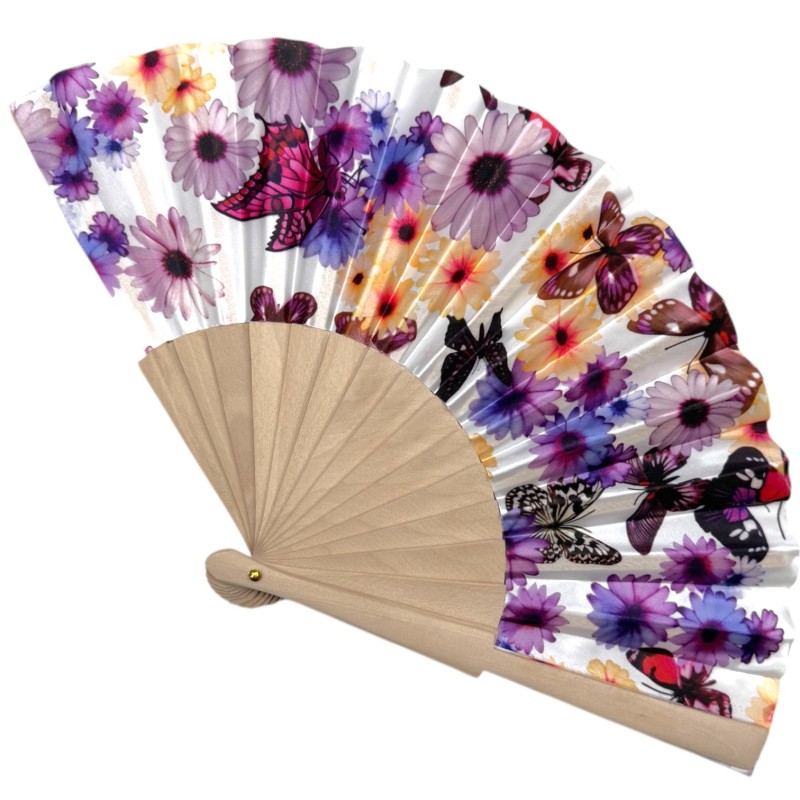 Wachlarz materiałowy satynowy kwiaty i motyle 1 szt. chiński japoński