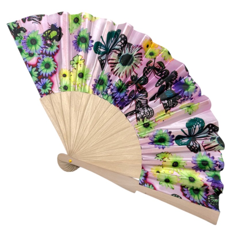 Wachlarz materiałowy satynowy kwiaty i motyle 1 szt. chiński japoński