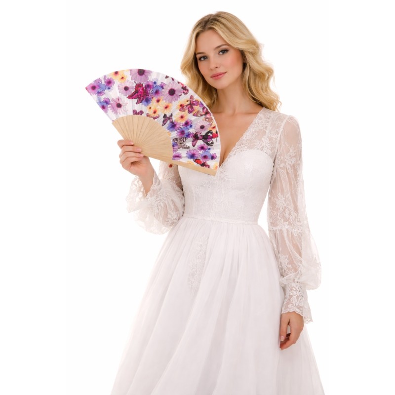 Wachlarz materiałowy satynowy kwiaty i motyle 1 szt. chiński japoński