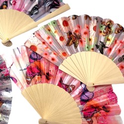 Wachlarz materiałowy satynowy kwiaty i motyle 1 szt. chiński japoński