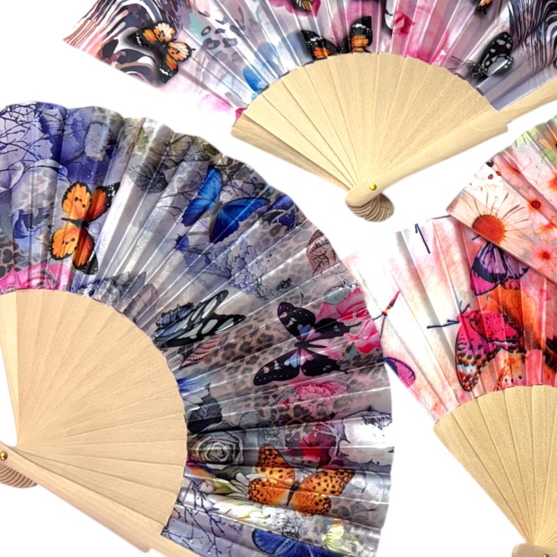Wachlarz materiałowy satynowy kwiaty i motyle 1 szt. chiński japoński