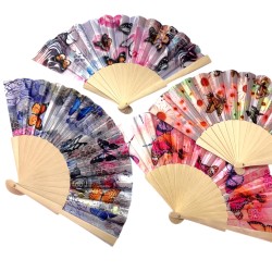 Wachlarz materiałowy satynowy kwiaty i motyle 1 szt. chiński japoński