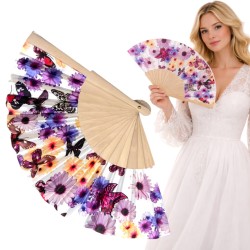 Wachlarz materiałowy satynowy kwiaty i motyle 1 szt. chiński japoński