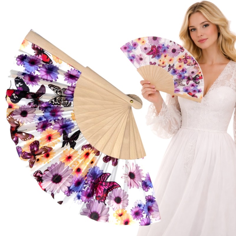 Wachlarz materiałowy satynowy kwiaty i motyle 1 szt. chiński japoński