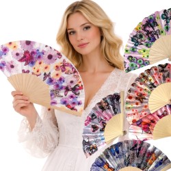 Wachlarz materiałowy satynowy kwiaty i motyle 1 szt. chiński japoński