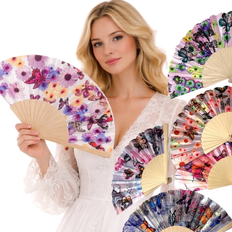 Wachlarz materiałowy satynowy kwiaty i motyle 1 szt. chiński japoński