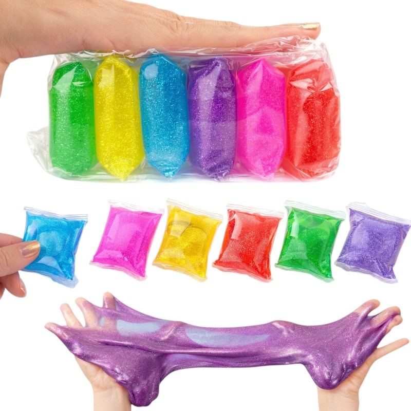 Slime glitter zestaw 6 kolorów w saszetkach masa plastyczna