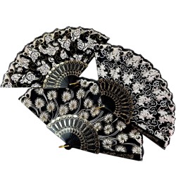Wachlarz flamenco czarno biało złoty z kwiatami 1 szt.