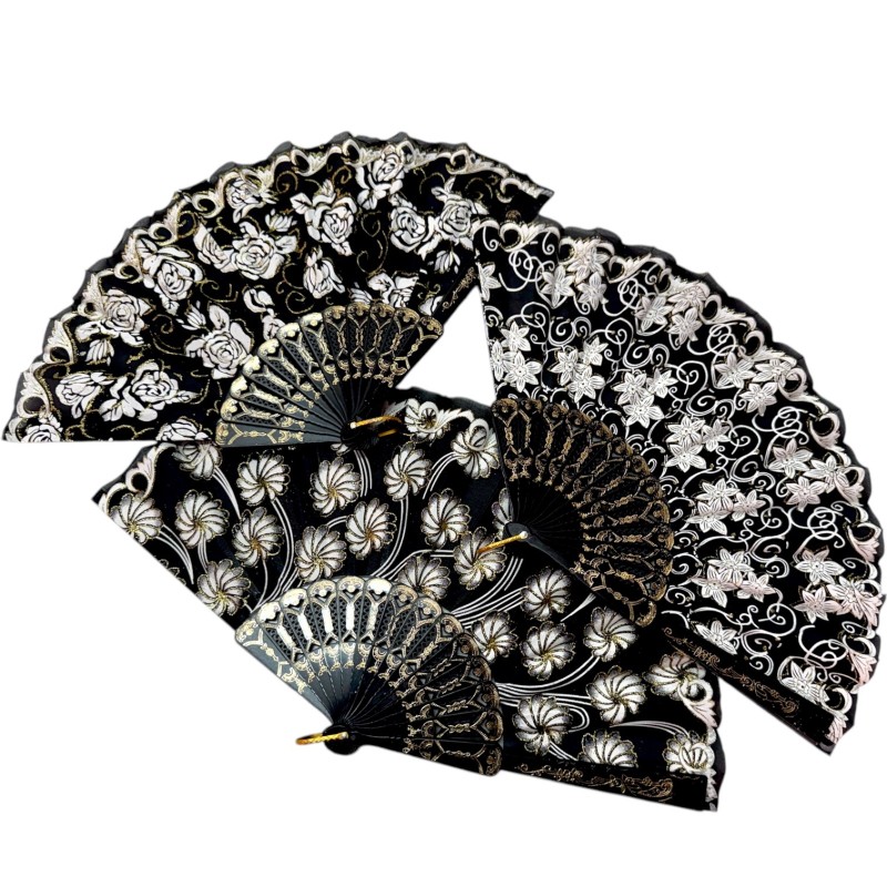 Wachlarz flamenco czarno biało złoty z kwiatami 1 szt.