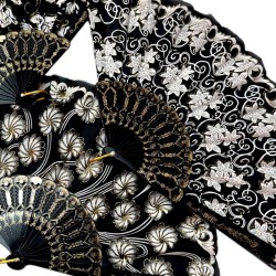 Wachlarz flamenco czarno biało złoty z kwiatami 1 szt.