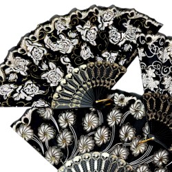 Wachlarz flamenco czarno biało złoty z kwiatami 1 szt.