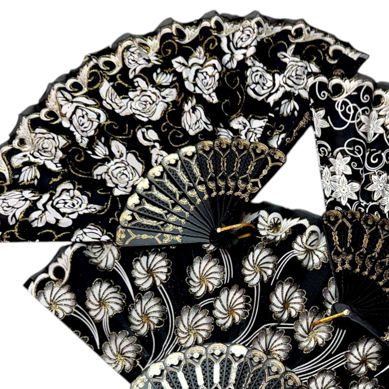 Wachlarz flamenco czarno biało złoty z kwiatami 1 szt.