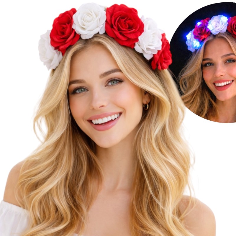 Opaska wianek kibica LED biało czerwone kwiaty 1 szt.