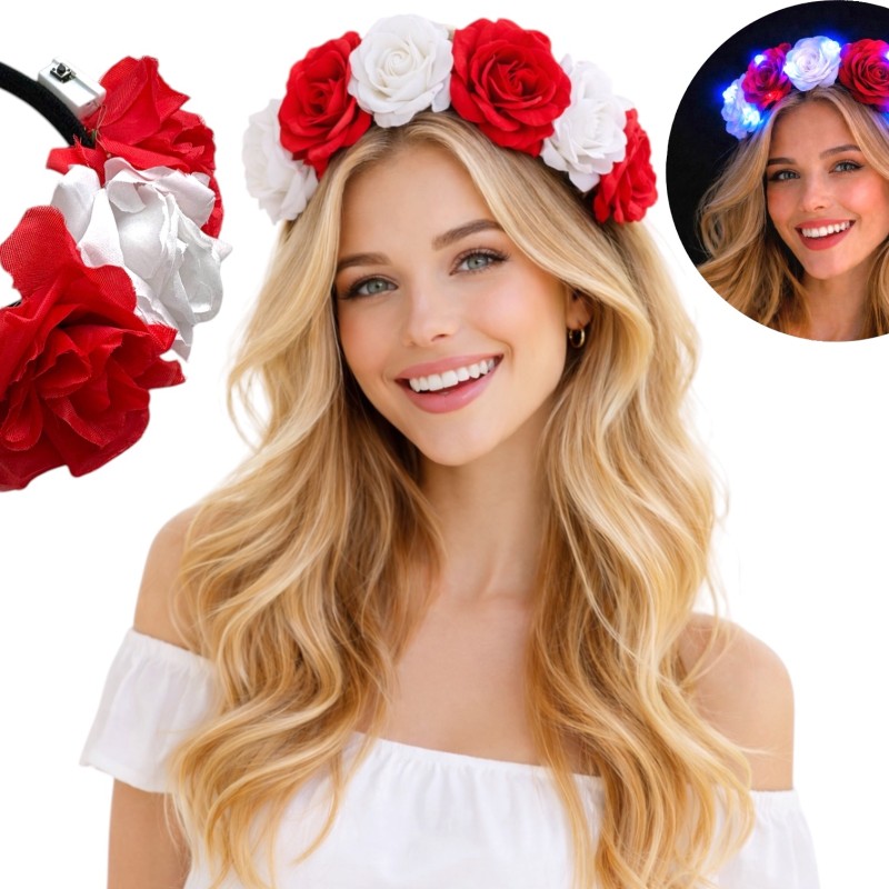 Opaska wianek kibica LED biało czerwone kwiaty 1 szt.