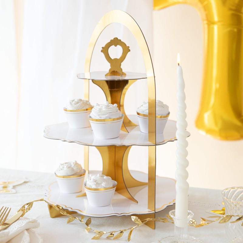 Patera biało złota 3 poziomy etażerka na słodkości 45 cm