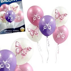Balony lateksowe pastelowe z motylkami 5 szt róż fiolet 32 cm