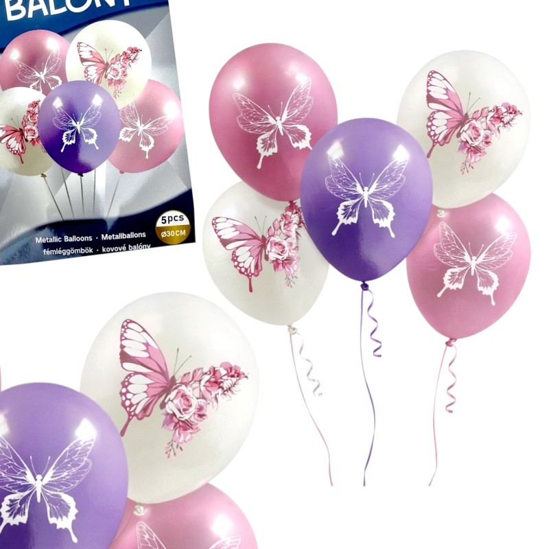 Balony lateksowe pastelowe z motylkami 5 szt róż fiolet 32 cm