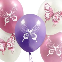 Balony lateksowe pastelowe z motylkami 5 szt róż fiolet 32 cm