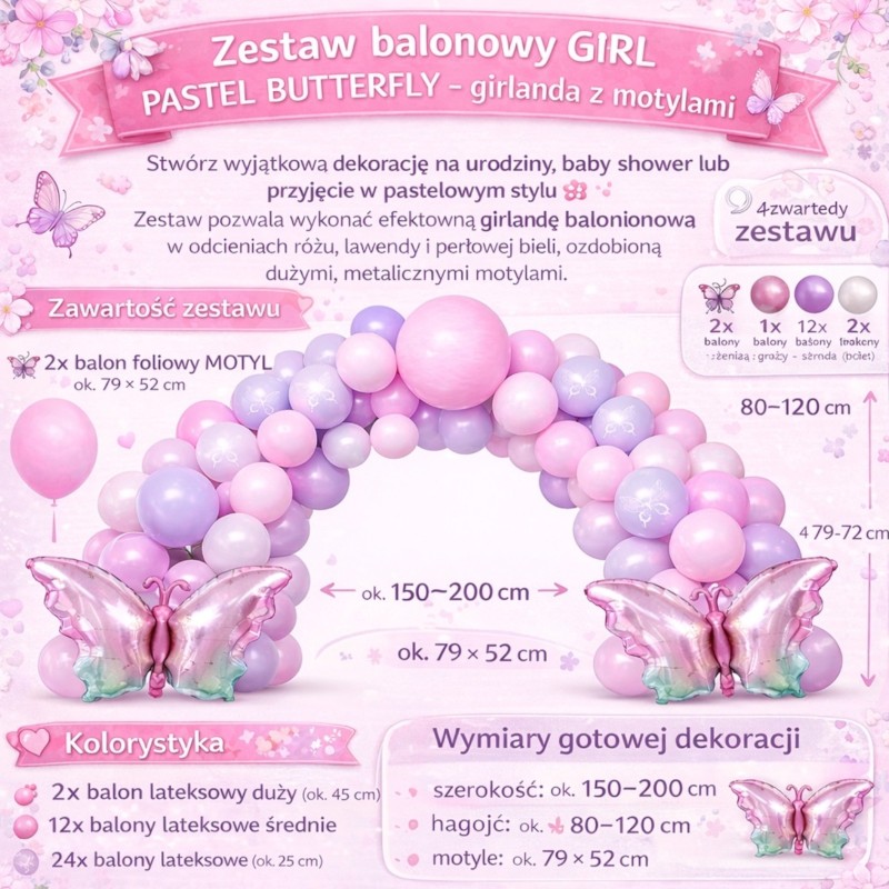 Zestaw balonów pastelowych Motylek GIRL Pastel Butterfly 48 el.
