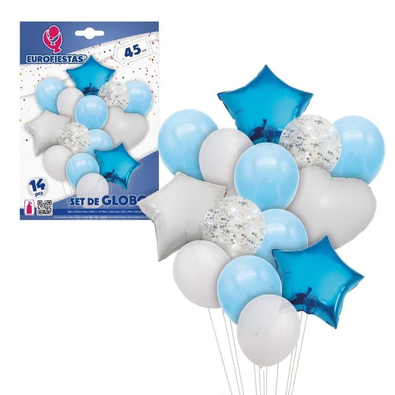 Zestaw balonów błękitno białych z gwiazdami i konfetti 45 cm 14 szt