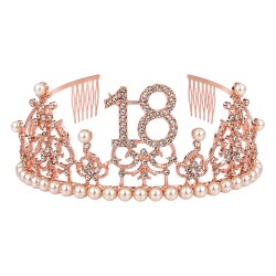 Zestaw korona na 18 urodziny rose gold z kryształkami i perełkami + szarfa