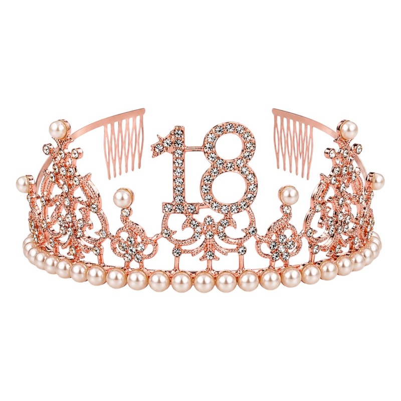 Zestaw korona na 18 urodziny rose gold z kryształkami i perełkami + szarfa