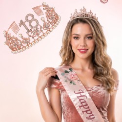 Zestaw korona na 18 urodziny rose gold z kryształkami i perełkami + szarfa