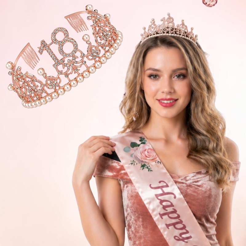 Zestaw korona na 18 urodziny rose gold z kryształkami i perełkami + szarfa