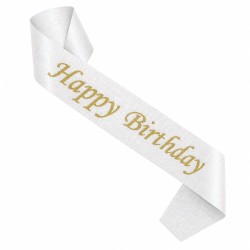 Szarfa Happy Birthday brokatowa opalizująca perłowa 160 cm