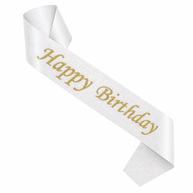 Szarfa Happy Birthday brokatowa opalizująca perłowa 160 cm