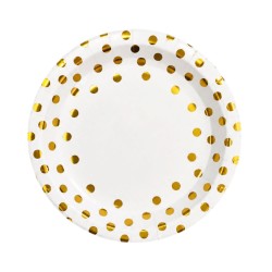 Talerzyki papierowe białe w złote konfetti 18 cm 10 szt